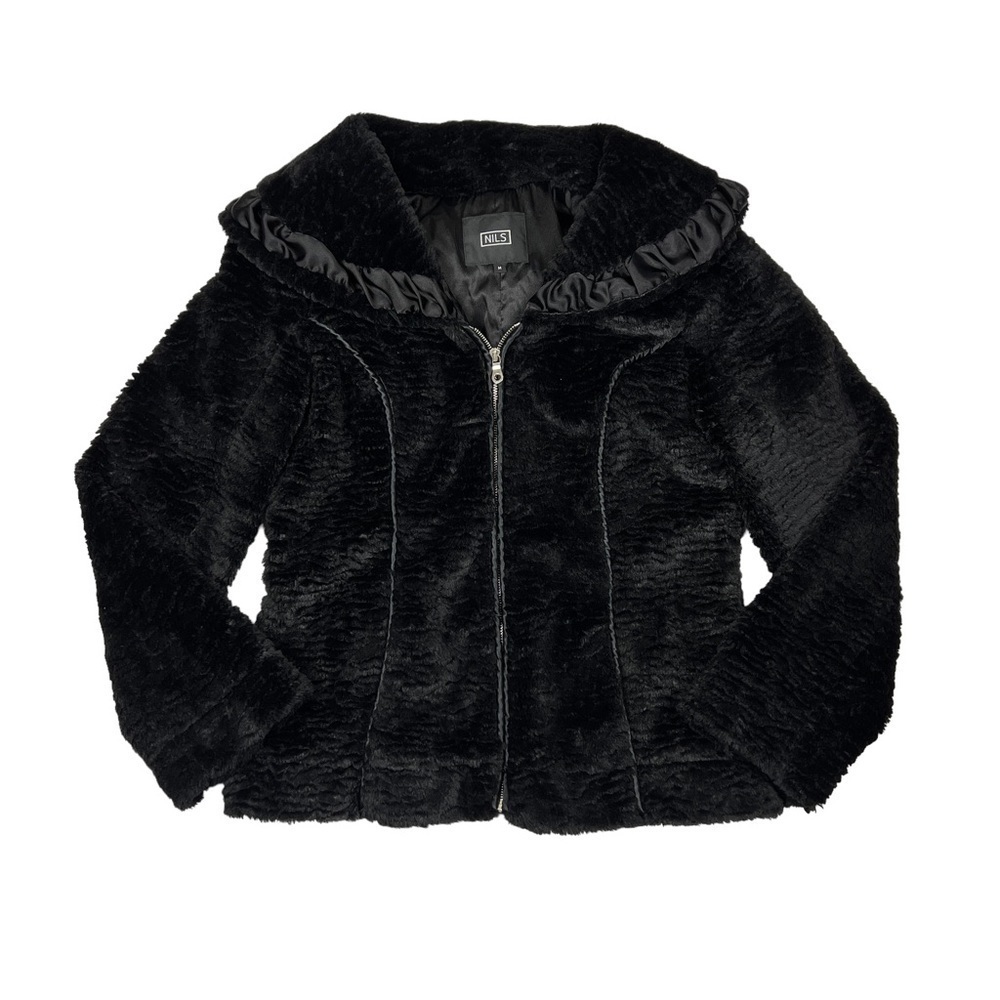 NILS Black Faux Fur Draped Shawl Collar Full Zip Up Jacket
